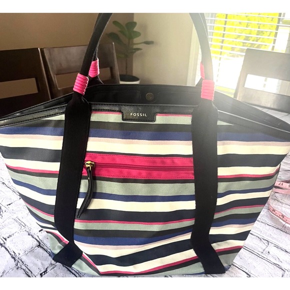 Fossil Handbags - Fossil Large Multicolor Striped Tote Back Durable Pockets Logo Coated Canvas